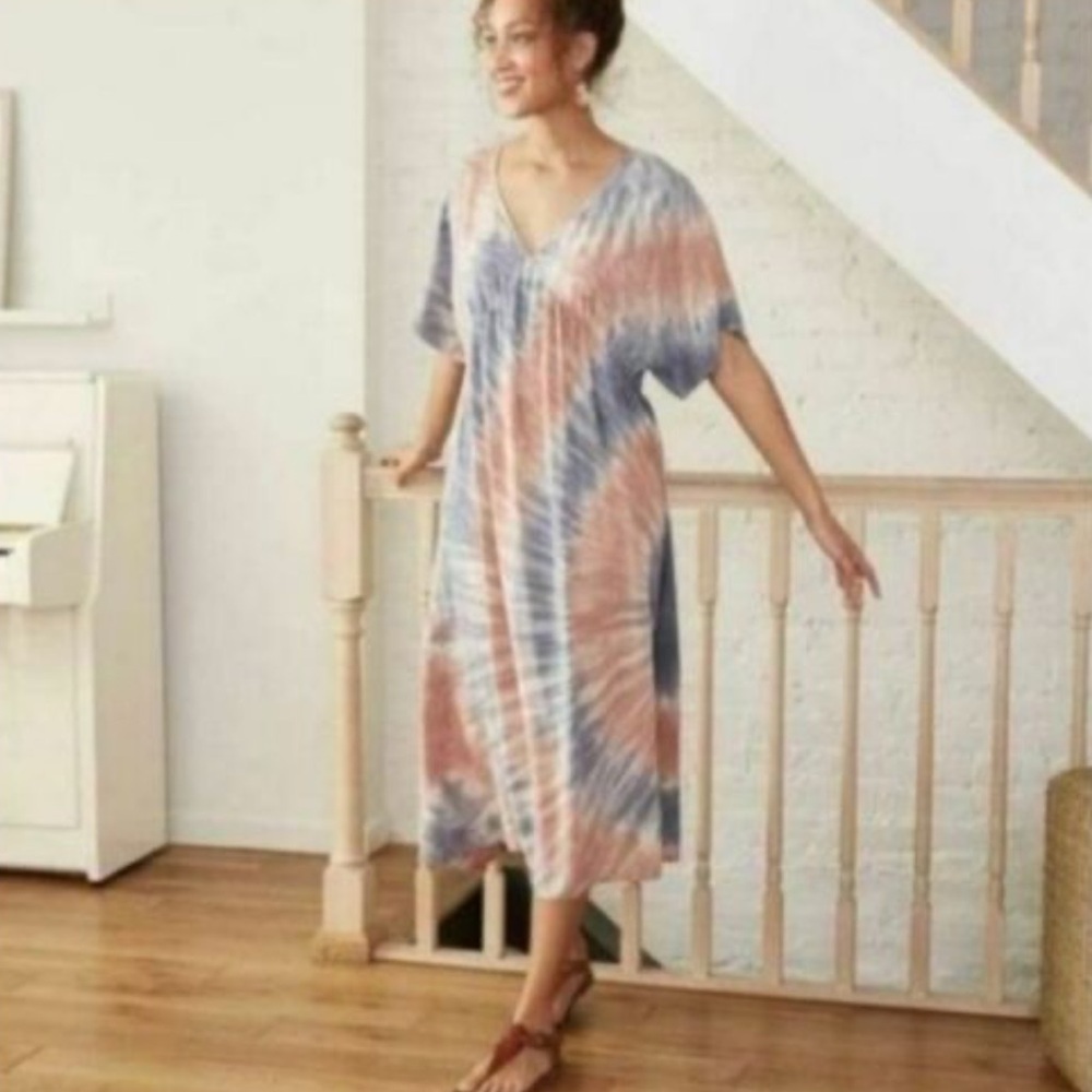 Knox Rose Linen Blend Blue and Pink Tie Dyeโ Midi Dress Size M